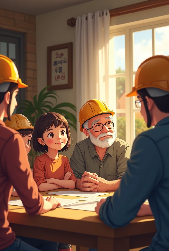 A seven-year-old girl, short hair without bangs and with chocolate hair color, and a grandfather with a short beard and short white hair doesn't pay attention, A group of children without glasses and not wearing a helmet, all seven, eight and nine years old, All with their parents and they don't wear helmets.
everyone talking at a meeting with two adult engineers wearing construction workers' helmets and clothes.
They are all sitting in a dining room talking.