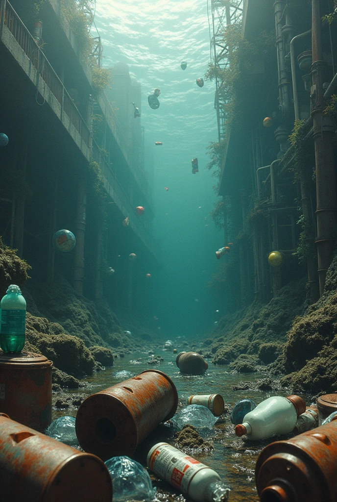realistic water pollution with plastic waste,metalwork.