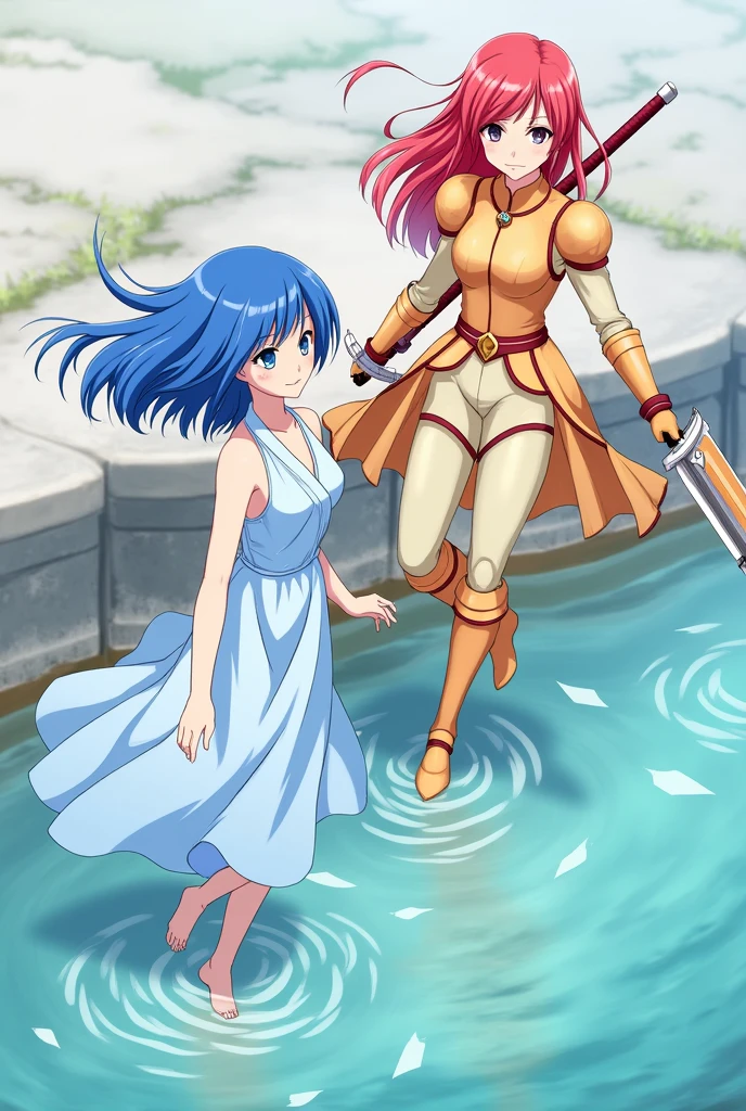 2 girls, one is fucked up the other is fucked up,the first one to let herself into the water, another one stands with a big sword, anime, dress, beauties, the first girl with blue hair, the second one and the red hair, первая в голубом нежном dress, the second one in light orange armor