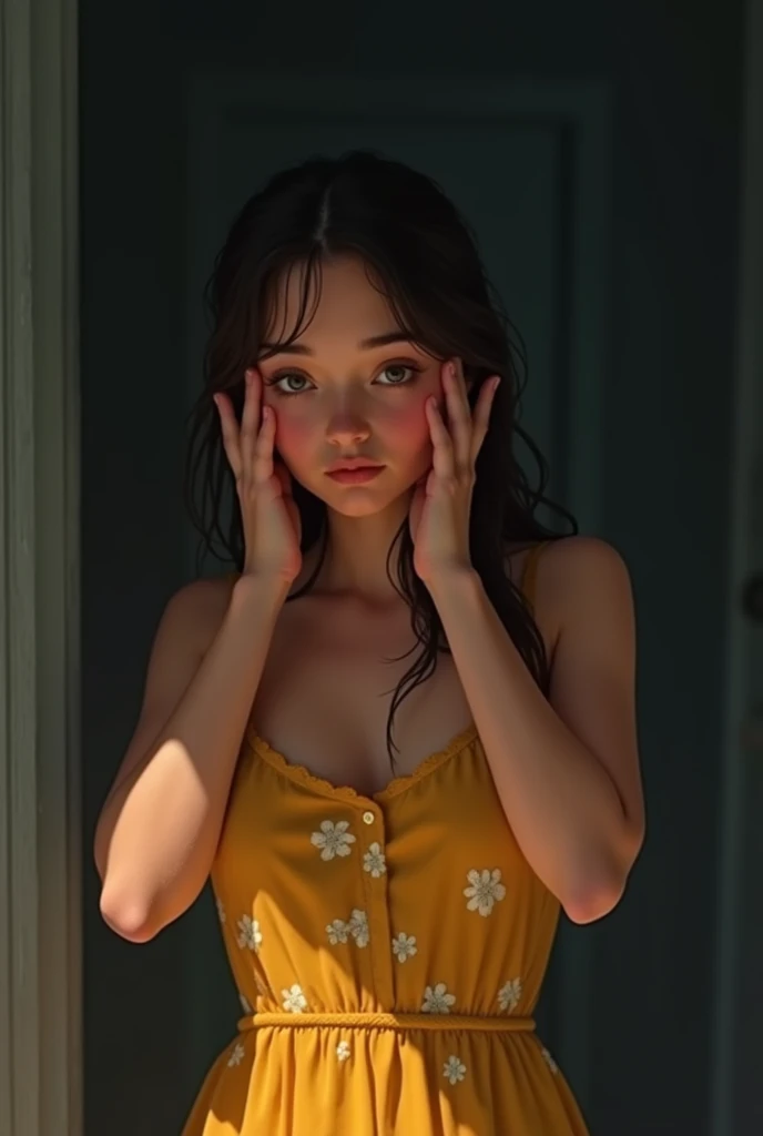 a tender moment of suspicious, a wife in their mid-30s, with gentle facial features, warm skin tones, and jerked reaction and holding her face, surrounded by a soft, the wife's dark hair falling effortlessly down her back, she wears comfortable, earthy-toned clothing, the wife's bright yellow sundress with white flowers conveying a sense shocked, the background is dim, the entire scene radiating panic, suspicious and scared.