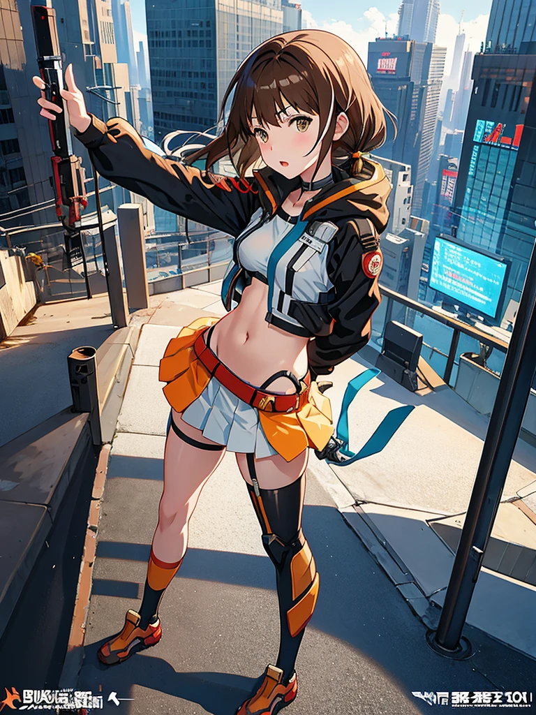 anime girl brown hair standing at a ledge, zerochan art, cyberpunk anime girl mech, by Shingei, by Shitao, cushart kenz, anime cyberpunk art, kantai collection style, digital cyberpunk anime art, kill la kill illustration, mechanized valkyrie girl, pixiv contest winner