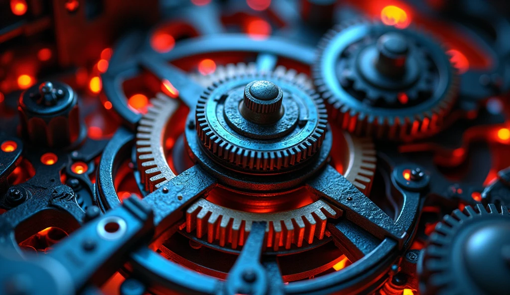 So many beautiful gears and beautiful pinions., close-ups of gears, dynamic camera work, Inside a machine, Beautiful metallic light reflections., Colorful LED growing from the inside, Focus on the pinions and gear system, Black machine oil reflecting lights