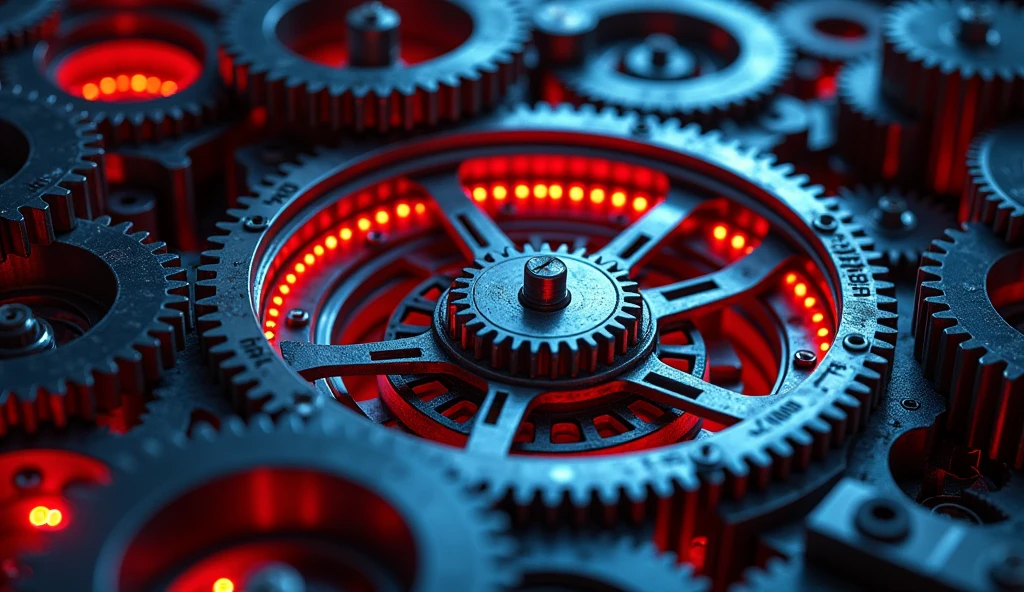 So many beautiful gears and beautiful pinions., close-ups of gears, dynamic camera work, Inside a machine, Beautiful metallic light reflections., Colorful LED growing from the inside, Focus on the pinions and gear system, Black machine oil reflecting lights