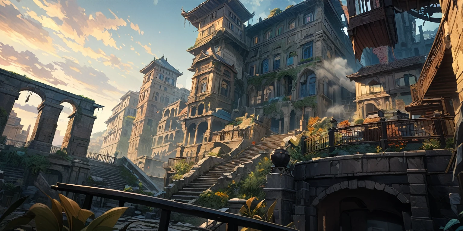  Anime Aesthetics, 动漫landscape, 景观landscape, （Yellow Tones, Blue tint，金色和红色的architecture，Colorful picture：1.2），（dusk：1.3），elden ring movie lighting, Inspired by Elden Ring, Farum Azoula, 古architecture, Rome style, Rocks floating in the air, Crumbling city, Megastructures, Moments before the Battle, dust in the air, Epic scenes, atmospheric opinion, Wide-angle lens, From below, From the outside, high resolution, 8K, best quality, Super Detail, The award-winning, masterpiece，unmanned, landscape, architecture, outdoor, Sky, stairs, window, railing,