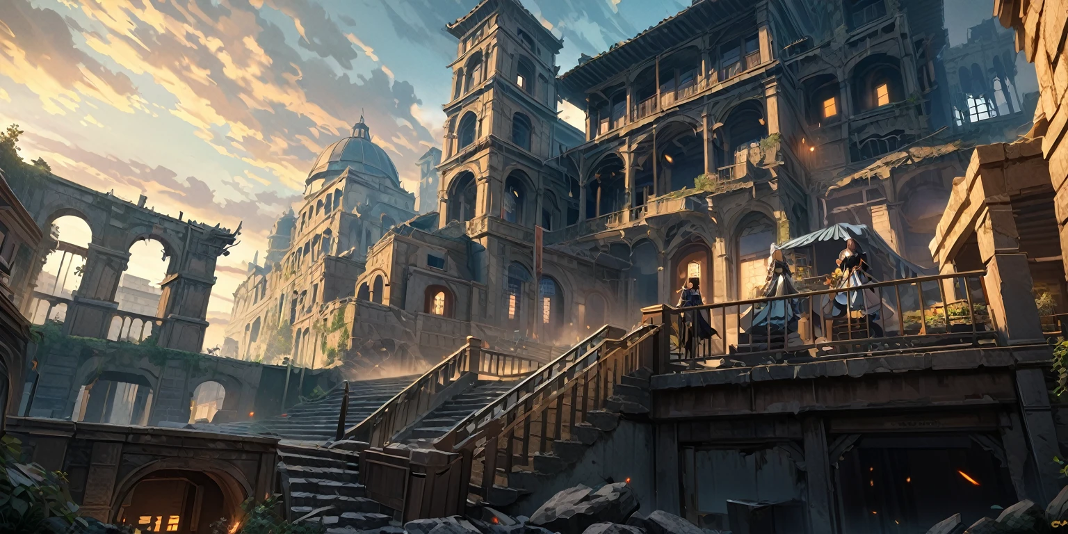 Anime Aesthetics, 动漫landscape, 景观landscape, (Yellow Tones, Blue tint,金色和红色的architecture,Colorful picture:1.2),(dusk:1.3),elden ring movie lighting, Inspired by Elden Ring, Farum Azoula, 古architecture, Rome style, Rocks floating in the air, Crumbling city, Megastructures, Moments before the Battle, dust in the air, Epic scenes, atmospheric opinion, Wide-angle lens, From below, From the outside, high resolution, 8K, best quality, Super Detail, The award-winning, masterpiece,unmanned, landscape, architecture, outdoor, Sky, stairs, window, railing,