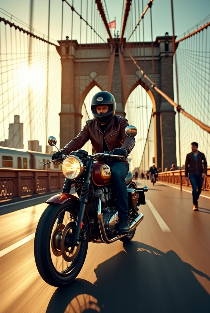 Riding Royal Enfield Bullet in Brooklyn bridge in sunny weather with civilian walking and train running in parallel 