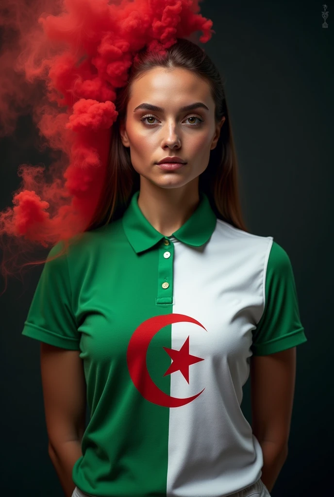 Woman wearing white and green block polo shirt with Algerian flag pattern, black background with colored smoke realistic photo