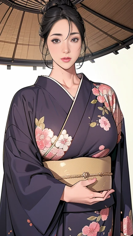 1，Japanese hairstyle，Photorealism，detailed，masterpiece，mature，((full))， (Broad shoulders), ((Huge))，Plus size mature women，expensive，30 years old，Pretty face, (Plump woman)，Beautiful long-sleeved kimono，kimono，Hold your ????? with both hands:1，high quality，Are standing，High Resolution 4K Information,Kyoto,
