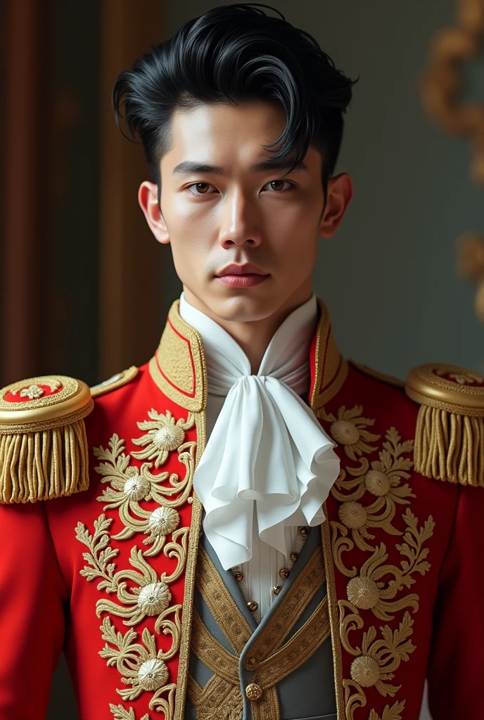 handsome half korean and half filipino-spanish man in england's prince outfit. monolid and sleepy eyes. hazel colored eyes. square and a bit round face shape with two blocks hair cut. whole body