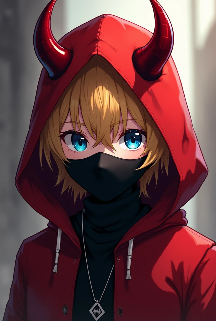 Anime boy with blond hair wearing a red hood with demon horns and a black mask covering his mouth and with blue eyes