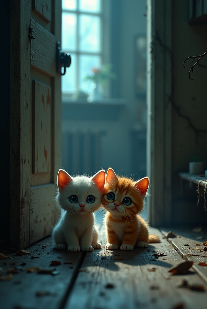 2 cute kittens inside the haunted house suddenly a door closes by itself leaving the kittens very scared