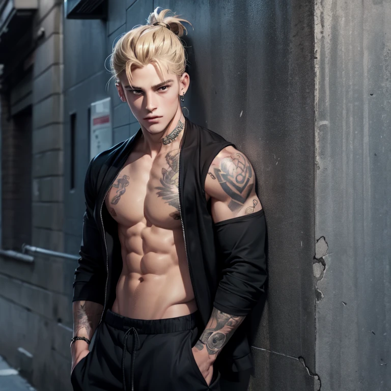 handsome, young man, blonde hair,  man bun, having a black tattoo on his chest, wearing gray baggy pants, leaning on a wall