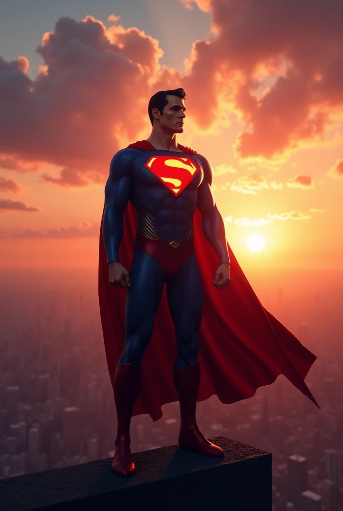 Superman stands tall on a high ledge overlooking Metropolis, gazing directly at the breathtaking sunset. The sky is ablaze with hues of orange, pink, and purple as the sun dips below the horizon, casting a warm, golden glow over everything. Superman's iconic red cape flows gently in the evening breeze. He holds his arms straight down at his sides, forming a perfect vertical line with his body, exuding a sense of calm and inner strength. His blue suit and the bright 'S' emblem on his chest catch the last rays of sunlight, reflecting the light with a subtle brilliance. Superman's posture is both powerful and serene, as he contemplates the world he protects, standing as a symbol of hope and steadfastness against the beautiful backdrop of the setting sun.