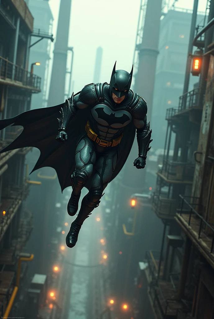 Batman with hightect gear gliding fast through the ace chemical