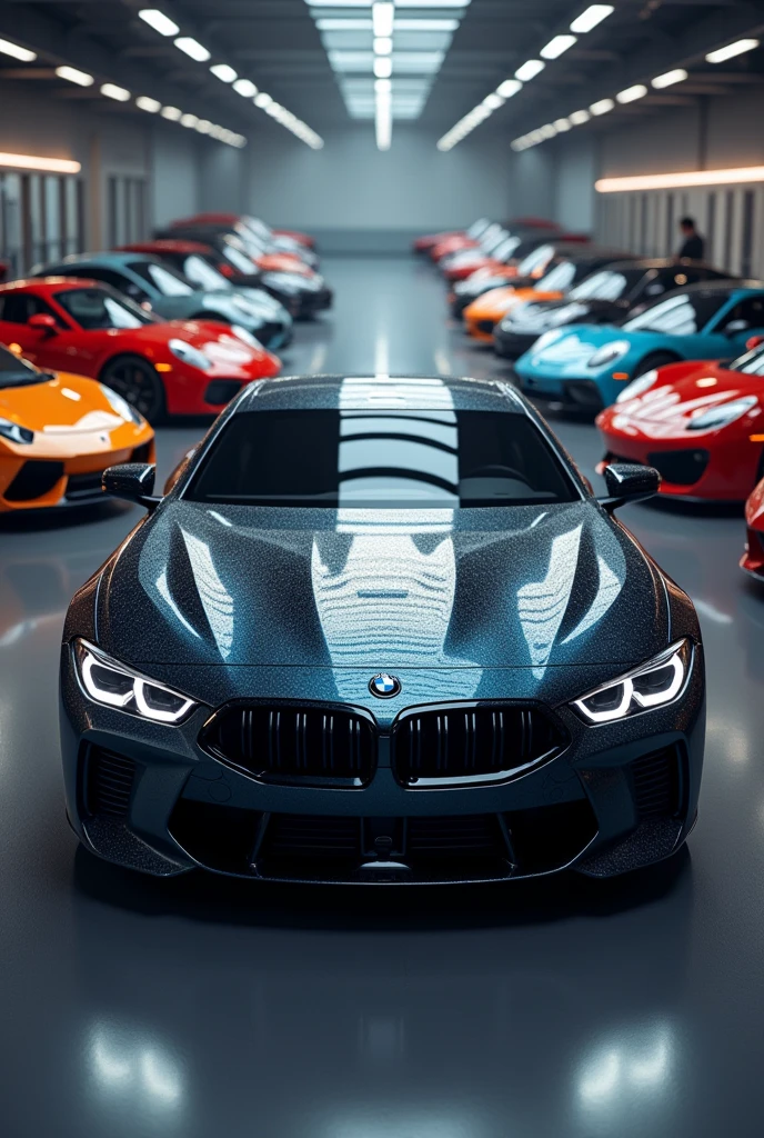 BMW with highlights among other sport cars