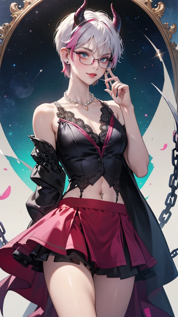 8k, masterpiece, best quality, highly detailed, 1 girl, tiefling, warlock, pixie cut, multicolored hair, very short straight hair red highlight hair on white hair, strippled hair, wearing glasses, round glasses, earrings, navel piercing, red eyeshadow, long eyelashes, blushed cheek, red lips, pearl necklace, rings, collarbone, mole on face, glamorous, teal and pink clothes, sleeveless, miniskirt, smirk, close up view, rings, looking at viewer, demon horns, solo, starry sky, pale blue moon, standing, demonic arms, chains on the background, black lace gloves, hand touching glasses.