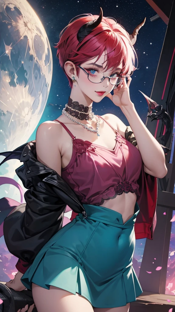 8k, masterpiece, best quality, highly detailed, 1 girl, tiefling, warlock, pixie cut, multicolored hair, very short straight hair red highlight hair on white hair, strippled hair, wearing glasses, round glasses, earrings, navel piercing, red eyeshadow, long eyelashes, blushed cheek, red lips, pearl necklace, rings, collarbone, mole on face, glamorous, teal and purple clothes, sleeveless, miniskirt, smirk, close up view, rings, looking at viewer, demon horns, solo, starry sky, pale blue moon, standing, boxing stance, demonic arms, chains on the background.