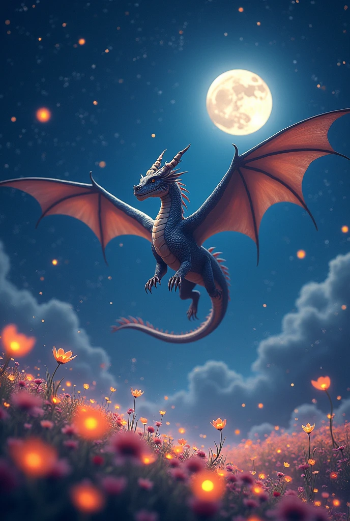 Against a backdrop of a dark night sky、star々A giant dragon gracefully flies through the sparkling light.。The dragon&#39;s scales、It has an iridescent sheen、It depicts how the color changes every time the moonlight hits it.。From the dragon&#39;s back、美しいflower々There are、そのflowerびらが風に舞い上がりながら地上へと降り注ぎます。On the ground、flowerびらが積もってできた幻想的なflower畑が広がり、When you step in there、The soft light shines faintly。flower々In the、Fireflies fly around、夜空に浮かぶ満月とstar々With、A dream-like scene is woven together。