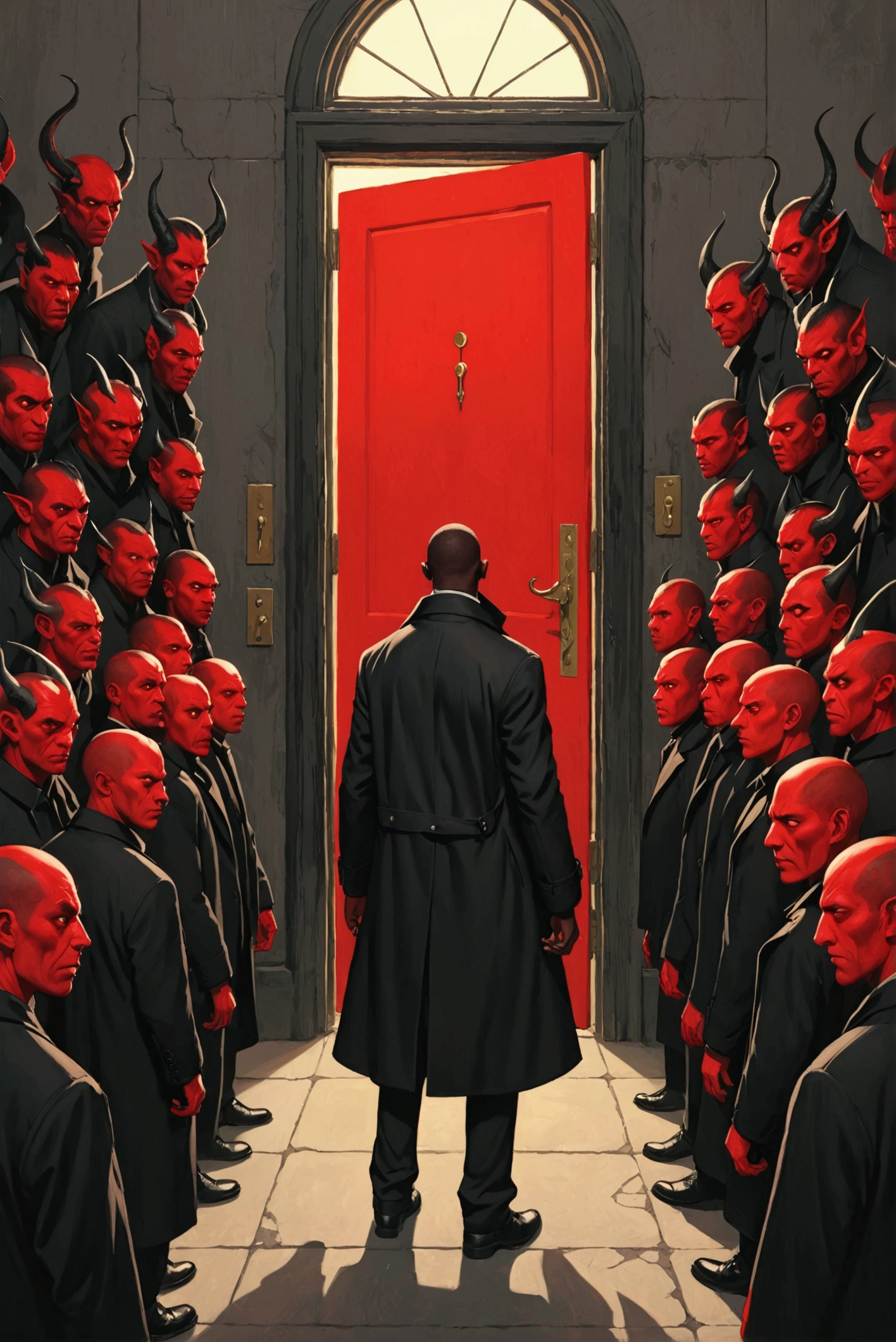city,many,A horde of demons.,door,red,black man,Wear a black coat,stand with back