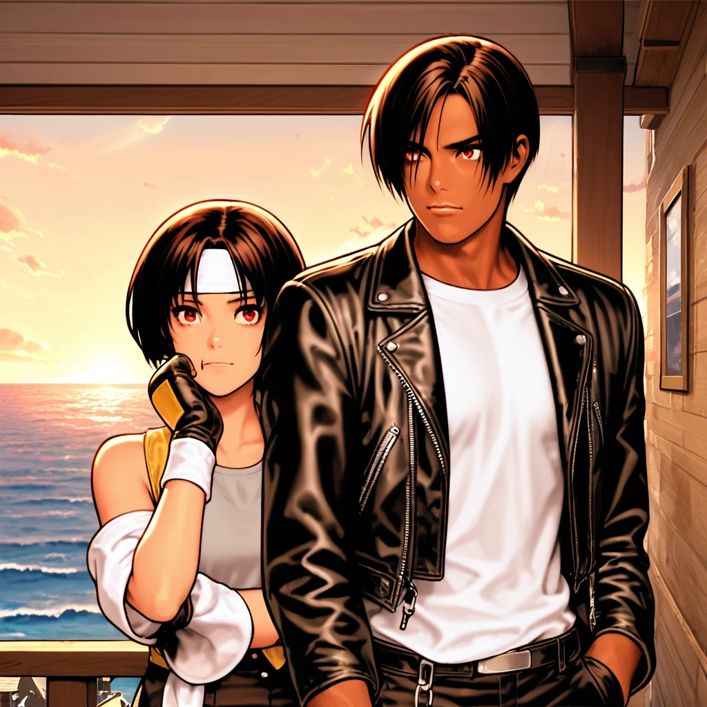 woman,Sleep,Sleepy face,My friend was surprised,short hair,Black Hair,Dark Skin,Red eyes,((Black leather jacket with rolled up sleeves)),Fingerless gloves,White T-shirt,((White headband)),Black trousers,White shoes,Tea belt,cute,indoor ,Attractive points,Ocean view,A little big breasts are a little big,Outdoor,high quality,good looking,My friend is worried on the terrace,Yawn
