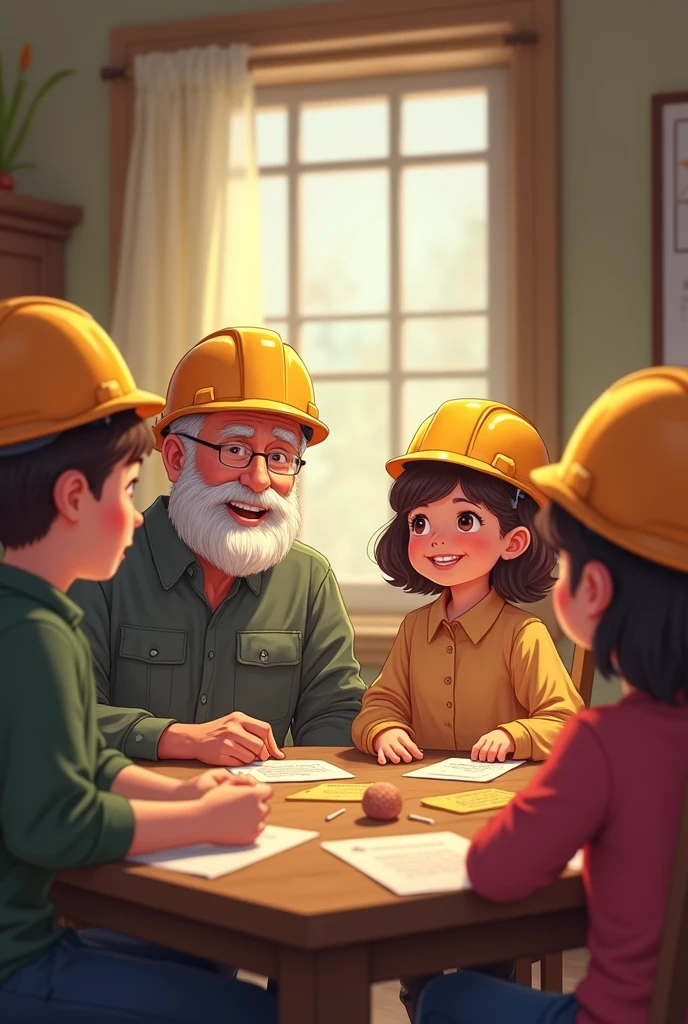 A seven-year-old girl, short hair without bangs and with chocolate hair color,  and a grandfather with a short beard and short white hair doesn&#39;t pay attention, A group of children without glasses and not wearing a helmet, all seven, eight and nine years old, All with their parents and they don&#39;t wear helmets.


everyone talking at a meeting with two adult engineers wearing construction workers&#39; helmets and clothes.



They are all sitting in a dining room talking.

