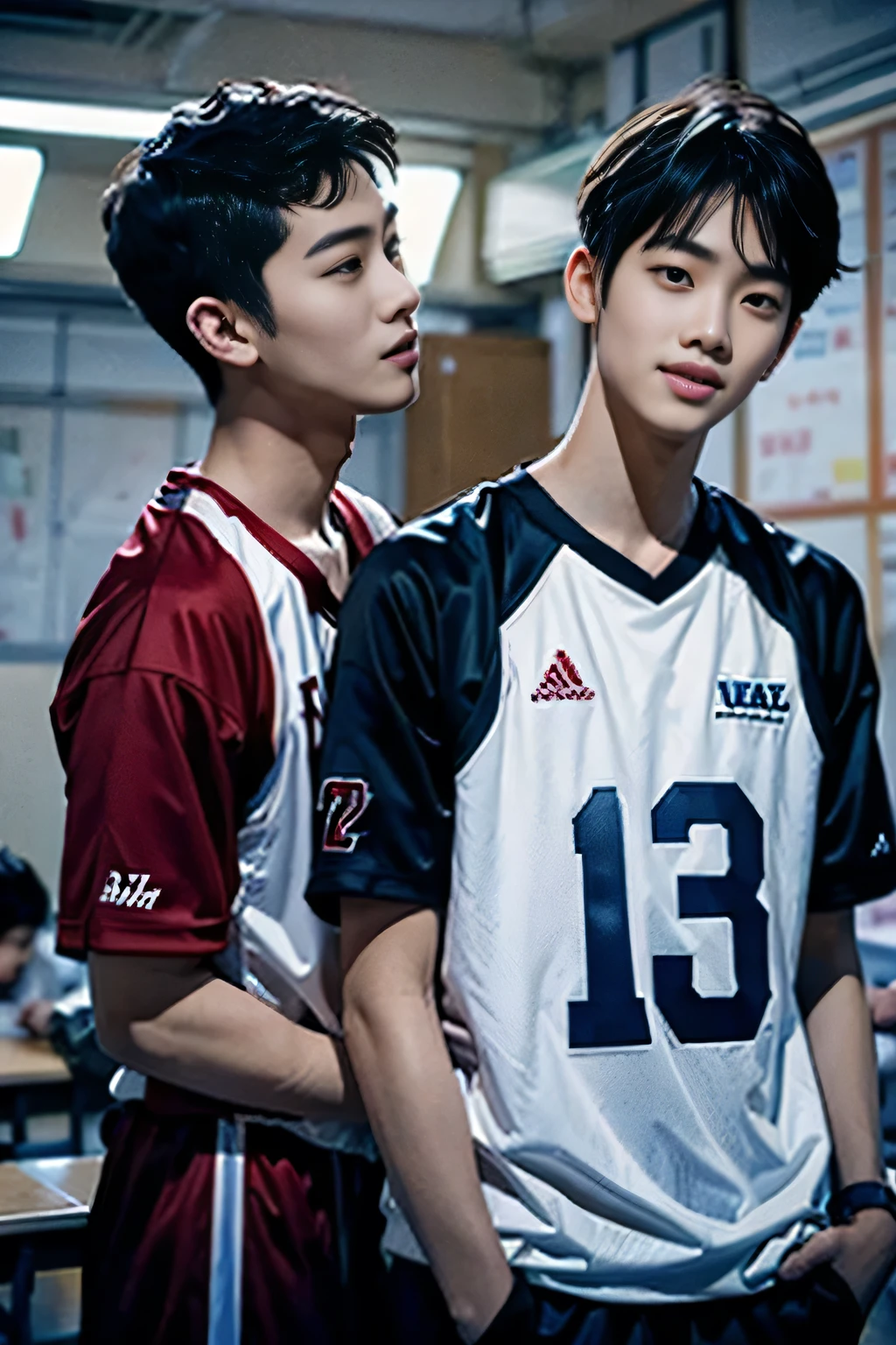 A tall 1 boy whispers in class. . Tell each other secrets.A boy is shy with red cheeks., Another cheerful one . be happy . beautiful . Basketball jersey . Clever , loved one ! Portrait of two Asian boys in the highest quality. !!