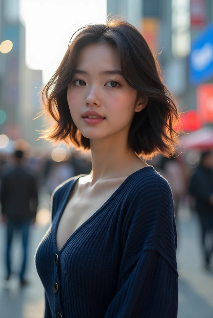 Detailed details,、high resolution、high quality、Perfect dynamic composition、Beautiful detailed eyes、short-hair、Small breasts、Natural Color Lip、Kamimei、Shibuya、20 years girl、1 persons、Transparent skin、Glowing hair、masterpiece、Best Quality、finely detail、high resolution、8K、The correct state of the human body、She wears a navy blue long knit dress、randome pose、Gravure Model Pose、Hair soaring in the wind