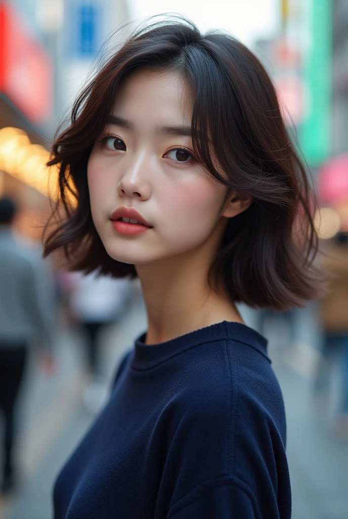 Detailed details,、high resolution、high quality、Perfect dynamic composition、Beautiful detailed eyes、short-hair、Small breasts、Natural Color Lip、Kamimei、Shibuya、20 years girl、1 persons、Transparent skin、Glowing hair、masterpiece、Best Quality、finely detail、high resolution、8K、The correct state of the human body、She wears a navy blue long knit dress、randome pose、Gravure Model Pose、Hair soaring in the wind
