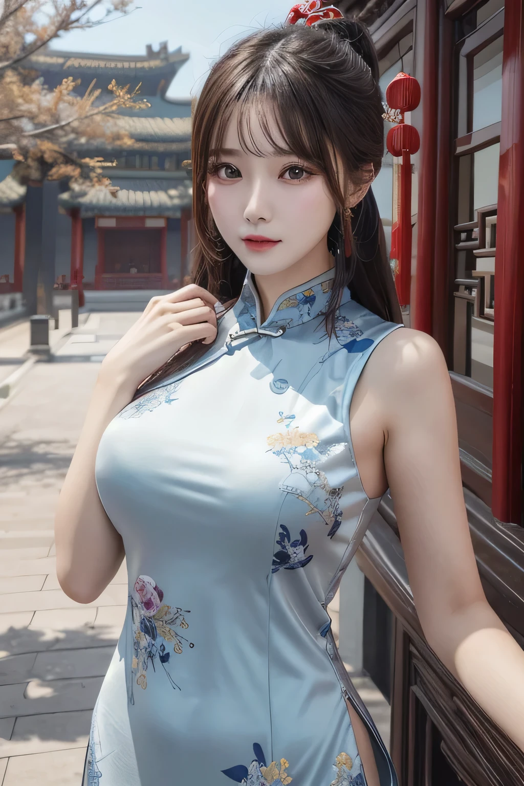 One Girl, 1 person,Highest quality,High resolution,超High resolution,8k,Realistic,Upper Body,encounter_audience,Large Breasts, the body is slim,(Chinese dress:1.2),