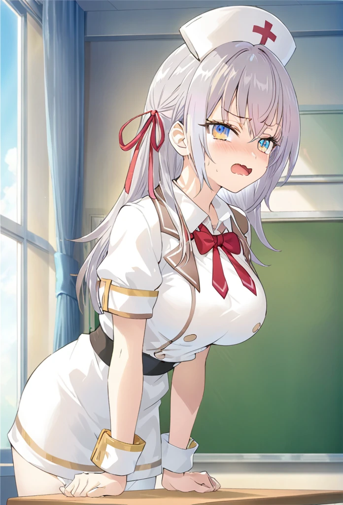 alisa mikhailovna kujou,tokidoki bosotto roshia-go de dereru tonari no arya-san, (overfit style:2.0), (SuperQuality:1.2), 16k resolution, detailed, classroom, cosplay, (((nurse outfit))), shy expression, leaning forward, large breasts, slim waist, fair skin, amazed expression, long fine hair, cute, anime girl, game CG illustration