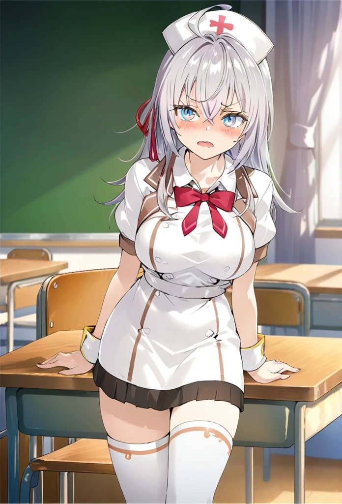 alisa mikhailovna kujou,tokidoki bosotto roshia-go de dereru tonari no arya-san, (overfit style:2.0), (SuperQuality:1.2), 16k resolution, detailed, classroom, cosplay, (((nurse outfit))), shy expression, leaning forward, large breasts, slim waist, fair skin, amazed expression, long fine hair, cute, anime girl, game CG illustration
