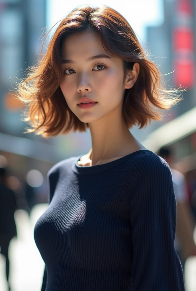 Detailed details,、high resolution、high quality、Perfect dynamic composition、Beautiful detailed eyes、short-hair、Small breasts、Natural Color Lip、Kamimei、Shibuya、20 years girl、1 persons、Transparent skin、Glowing hair、masterpiece、Best Quality、finely detail、high resolution、8K、The correct state of the human body、She wears a navy blue long knit dress、randome pose、Gravure Model Pose、Hair soaring in the wind