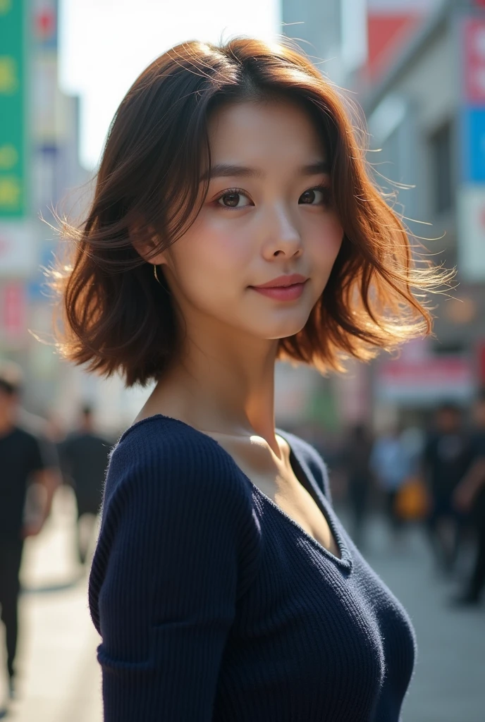 Detailed details,、high resolution、high quality、Perfect dynamic composition、Beautiful detailed eyes、short-hair、Small breasts、Natural Color Lip、Kamimei、Shibuya、20 years girl、1 persons、Transparent skin、Glowing hair、masterpiece、Best Quality、finely detail、high resolution、8K、The correct state of the human body、She wears a navy blue long knit dress、randome pose、Gravure Model Pose、Hair soaring in the wind