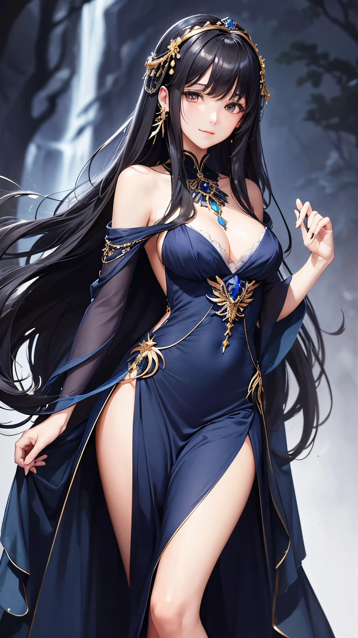 "Create a digital anime style illustration of a beautiful goddess of the night。, length, Lightly wavy black hair. She is wearing a dark blue dress decorated with small jewels...., Perfect for a fantasy theme. The dress has a beautiful, flowing design.、Perfect fit,   The characters are like fairies, Attractive and mature appearance.,  With a calm expression、Expressive eyes. There is a rich background, A softly woven mysterious forest, Enhance the mystical atmosphere."Attention to detail, high quality, Ultra-high resolution,  Open your mouth slightly and smile, Contemptuous Eyes, Look closer, Background Blur, Very detailed, 最high quality, 