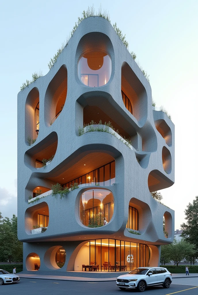 Deconstruction parametric resturant commercial building , exterior view , a car is parked in front of a Deconstruction resturant , realistic architecture , concept commercial , 22 meters high , front view , high quality renderng , luxury architecture , realistic physical rendering , Deconstruction commercial , installation architecture , Deconstruction facde view ,