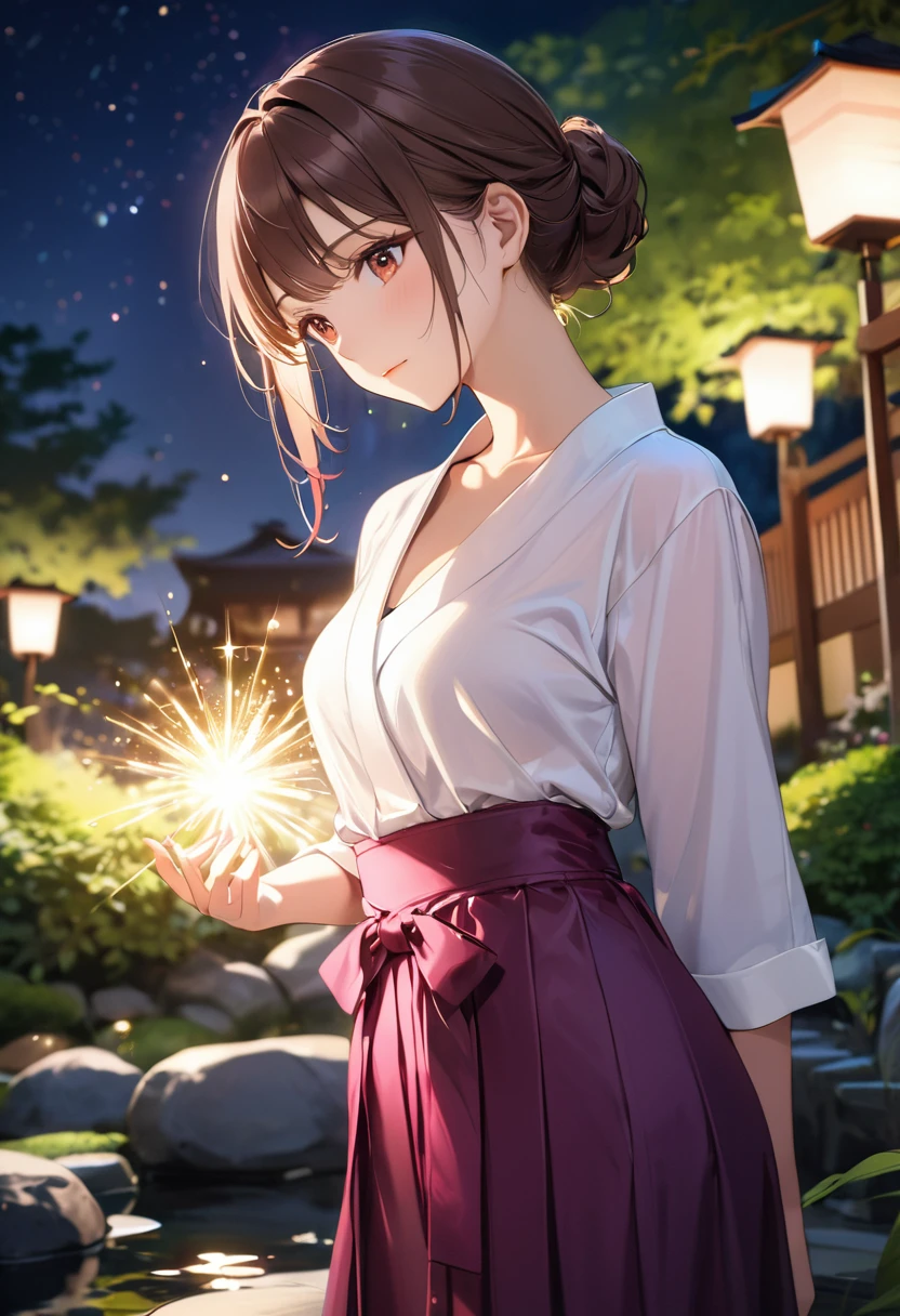 High resolution, masterpiece, 最high quality, Very detailed, high quality, Textured skin, Brown Hair, Natural look, Japanese garden,night,Cinema Lighting, Purple Hakama,chest, born,Professional photography,Cinema Lighting, 丸いchest,Sparkle Effect, Background blur, sexy,
