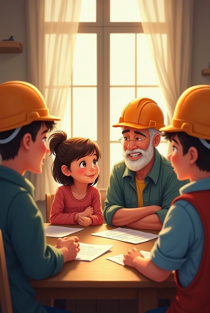 A seven-year-old girl, short hair without bangs and with chocolate hair color, and a grandfather with a short beard and short white hair doesn't pay attention, A group of children without glasses and not wearing a helmet, all seven, eight and nine years old, All with their parents and they don't wear helmets.
everyone talking at a meeting with two adult engineers wearing construction workers' helmets and clothes.
They are all sitting in a dining room talking.
