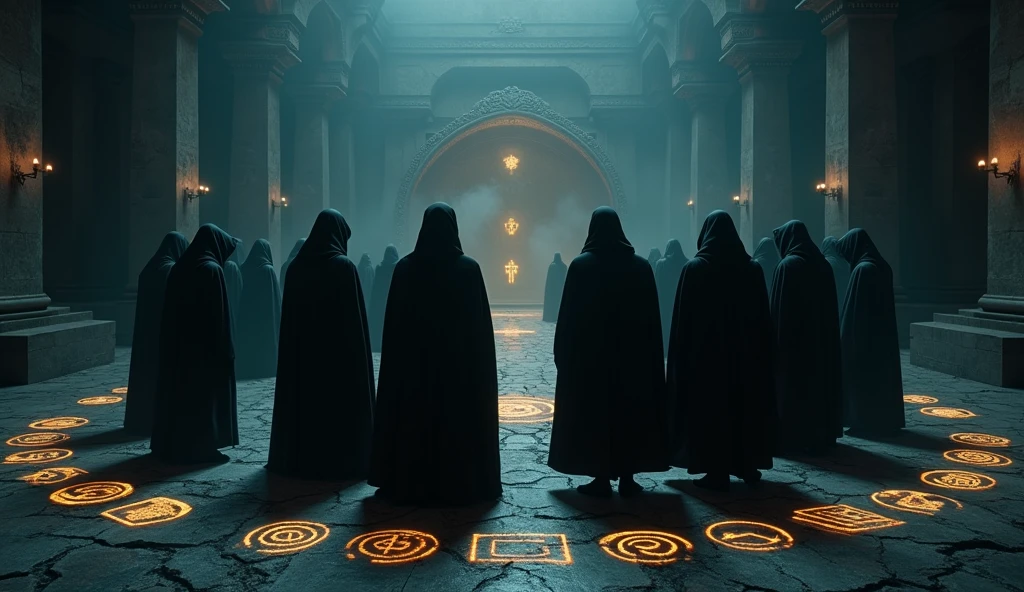 Cinematic scene of a dark magic ritual: hooded figures chanting around a glowing, dark portal. The ground cracked and emitting dark energy. Realistic, mystical, and ominous, highlighting the rise of dark powers. Include intricate symbols and runes glowing on the ground, adding to the mystic atmosphere. High level of detail and realism to match cinematic quality. temple