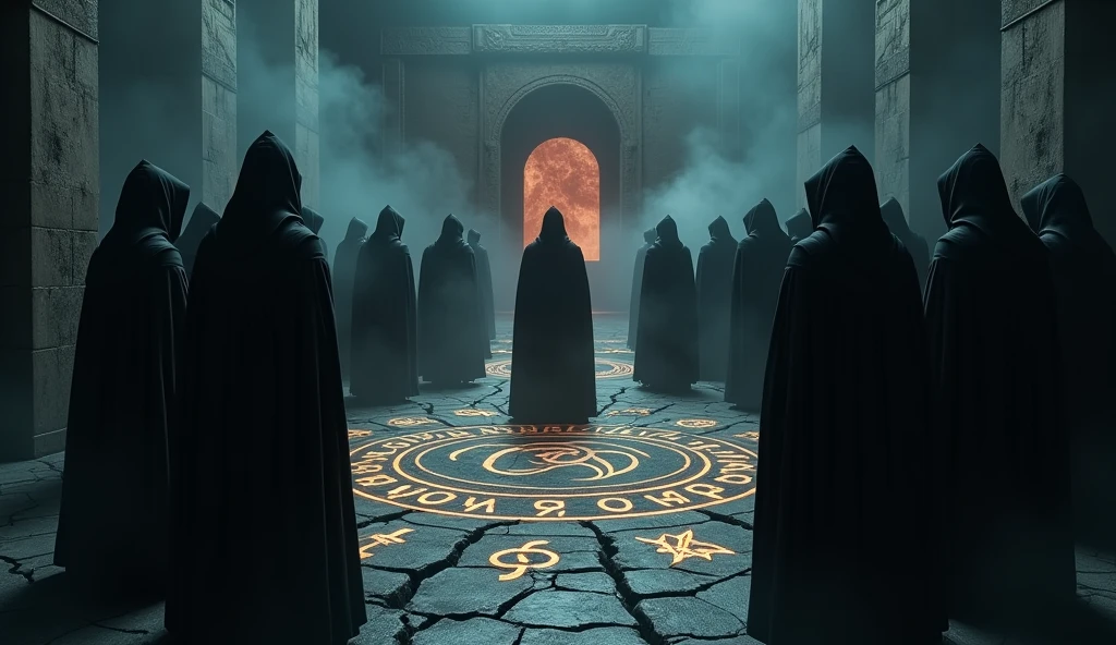 Cinematic scene of a dark magic ritual: hooded figures chanting around a glowing, dark portal. The ground cracked and emitting dark energy. Realistic, mystical, and ominous, highlighting the rise of dark powers. Include intricate symbols and runes glowing on the ground, adding to the mystic atmosphere. High level of detail and realism to match cinematic quality. temple
