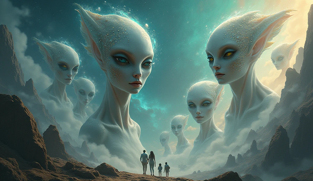 a woman standing in front of a group of alien heads, glowing neon colors purple, turquoise, green iridicent inspired by Yanjun Cheng, inspired by Russell Dongjun Lu, beeple and james jean, by Russell Dongjun Lu, surreal painting, emotional surrealist art, yuri shwedoff and tom bagshaw, inspired by Jean Malouel, surrealism aesthetic, tom bagshaw style, no face.