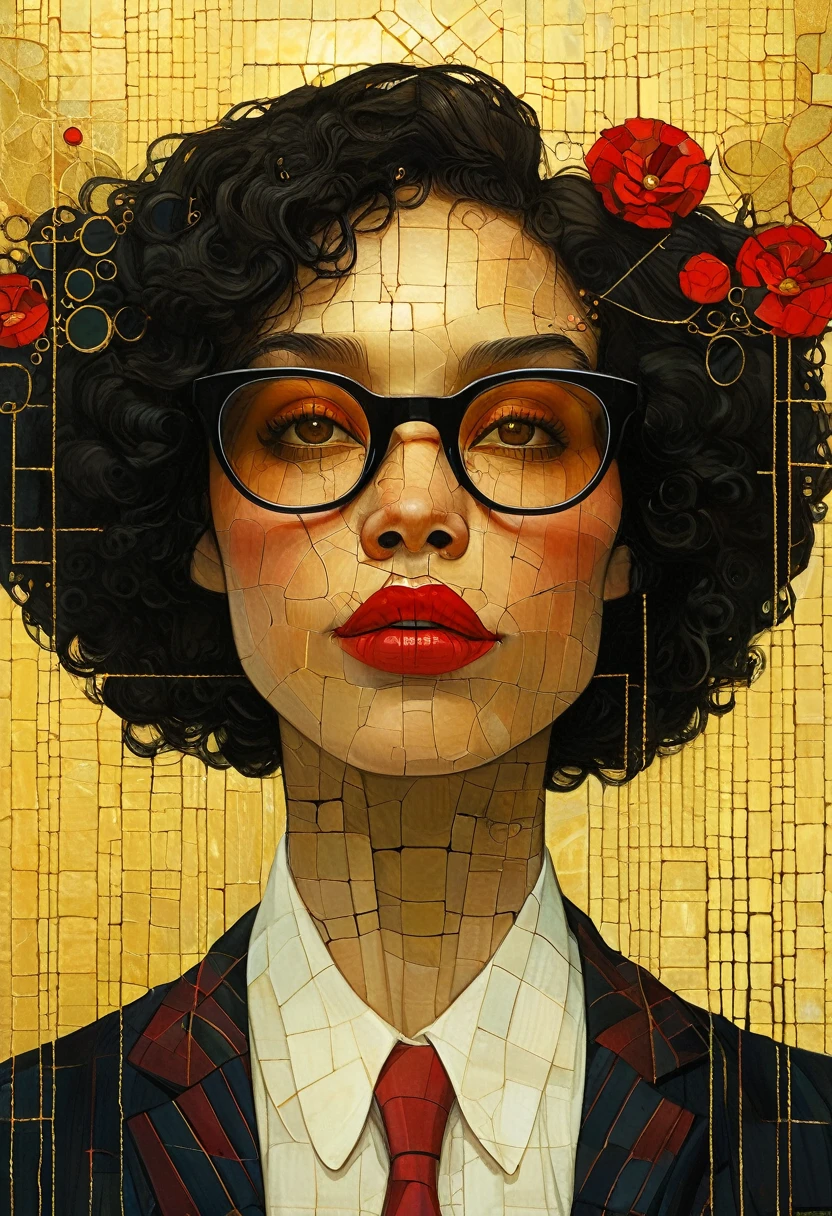 masterpiece,最high quality,Organic Style、Female Wall Street Dealer、Black-rimmed glasses、Red lipstick、Wearing a suit from a set、Fractal Art、Diane Dillon Style,最高masterpiece、high quality、Golden ratio composition、