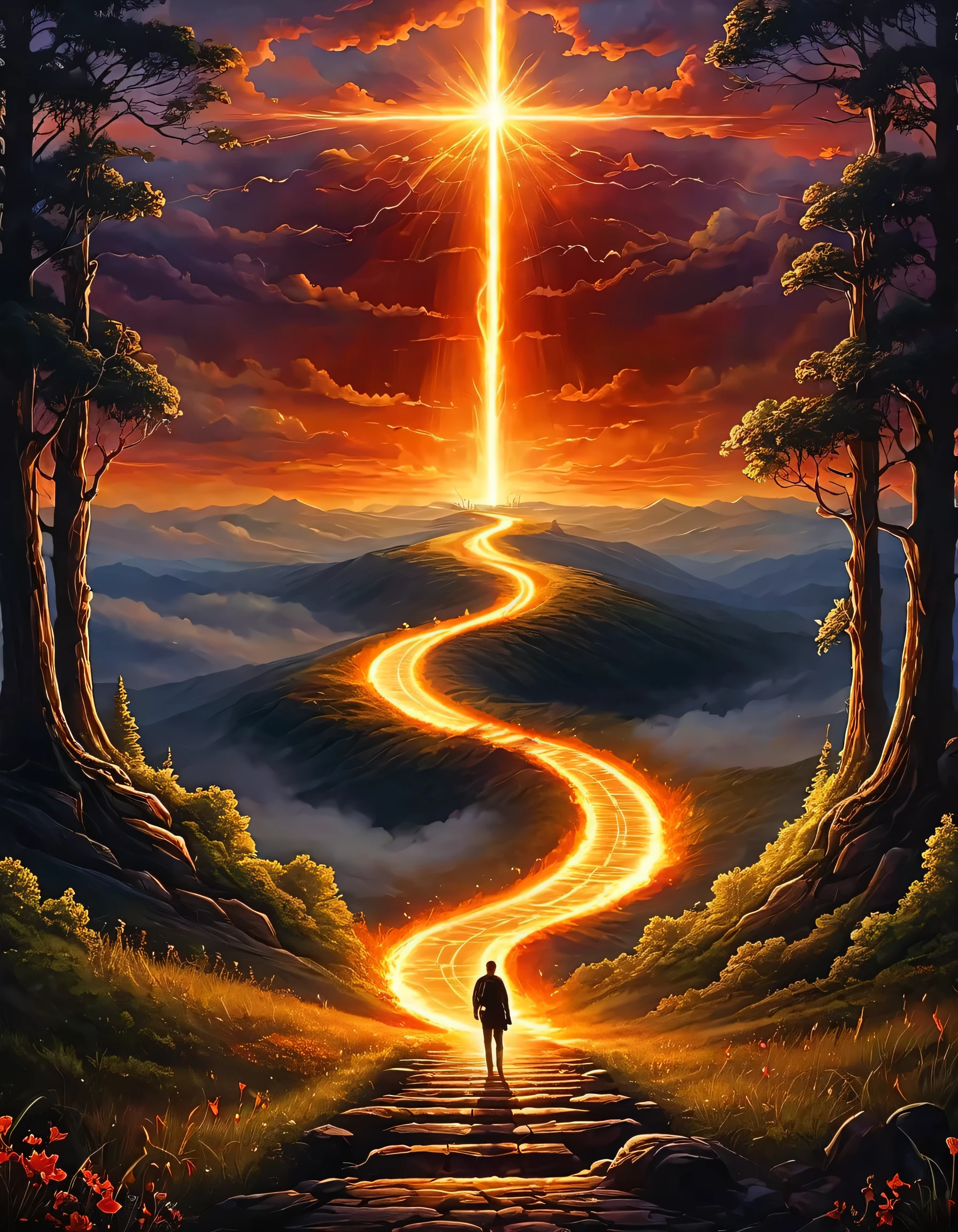 Create an image, depicting a person, standing at the crossroads., one path leads to the radiant heavenly light, and the other descends into a dark and fiery abyss, symbolizing his internal struggle between good and evil.