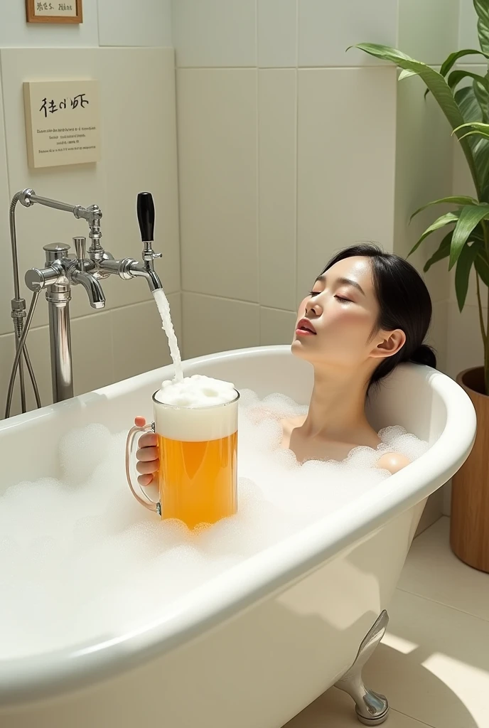 Pouring beer into a beer mug from a tap next to a bathtub、Foam overflowing from a beer mug、Bathtub full of bubbles、Girl wearing bubbles、Depth of written boundary、Japanese girl bathing in a bathtub、tall、White skin、
