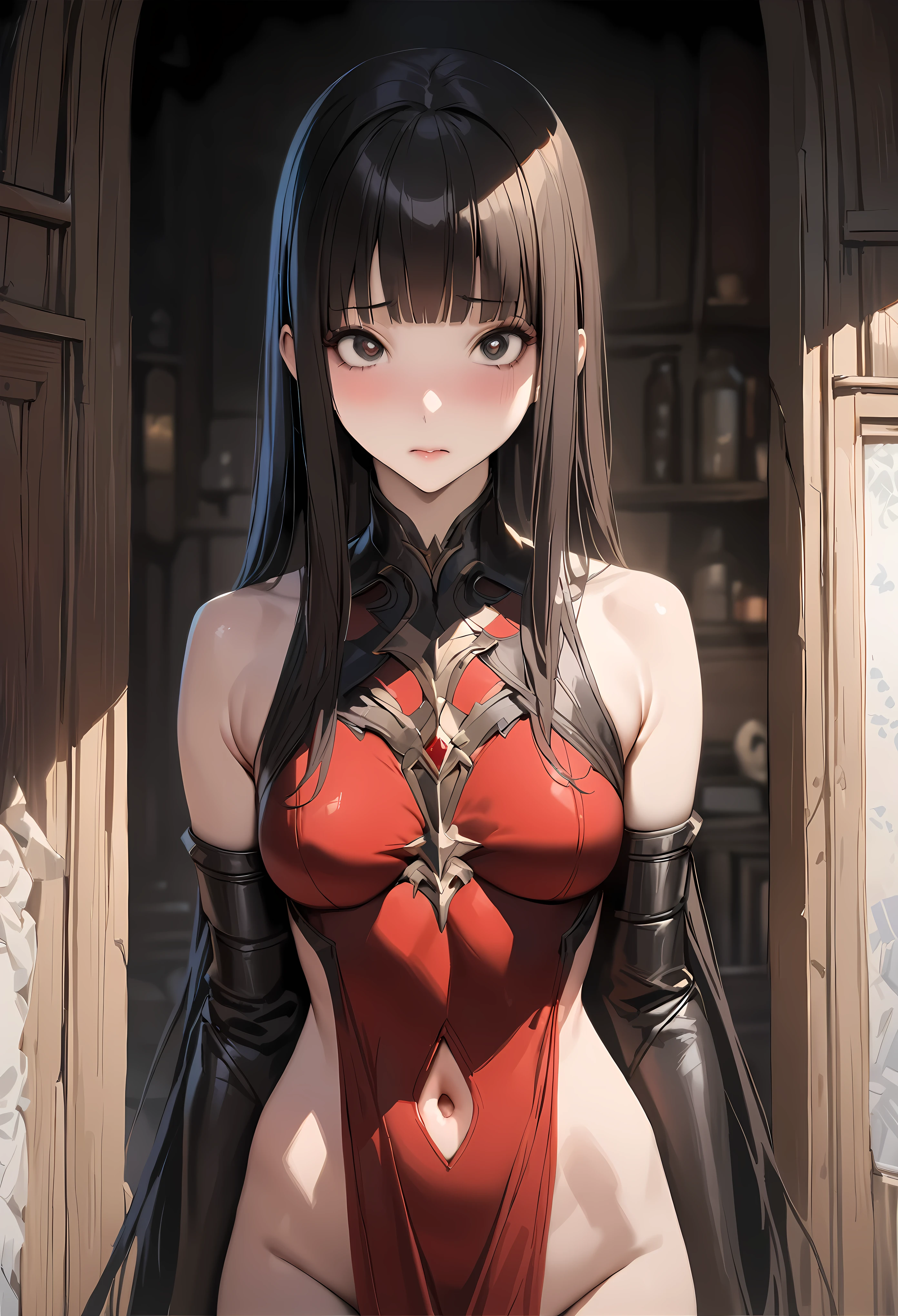 Fantasy art、((masterpiece,best quality anime,Highest quality:1.3)),realistic,portrait,1woman,(Mature Beauty),((very small head:1.4)),((very long body:1.3)),long hair,black hair,bangs,(gorgeous big eyes),black eyes,shy,,((slender body:1.3,skinny)),medium breasts,(Red tube top shirt、navel、red loincloth、Leather Gauntlets),standing、Old mansion、at night、A world of magic and fantasy、