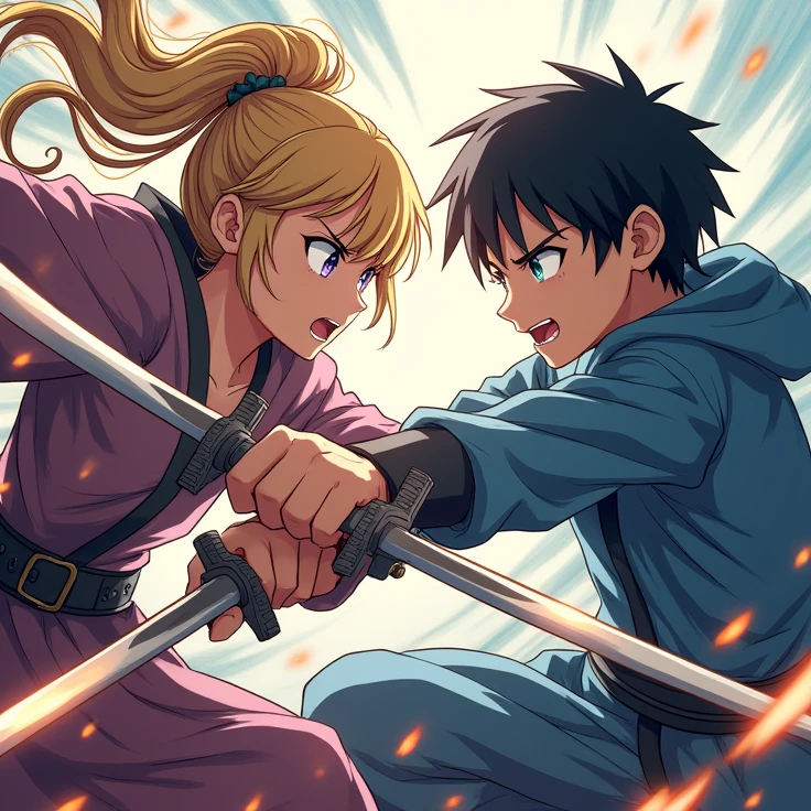 high resolution, HD Model, high qualiy, longye hair, shorth hair, bangss, hair blonde, Bblack hair, laughter, blue colored eyes, purples eyes, motion lines, Lines of action, anime styling, アニメ, Girl and Boy swordsmen battling each other with angry expression.