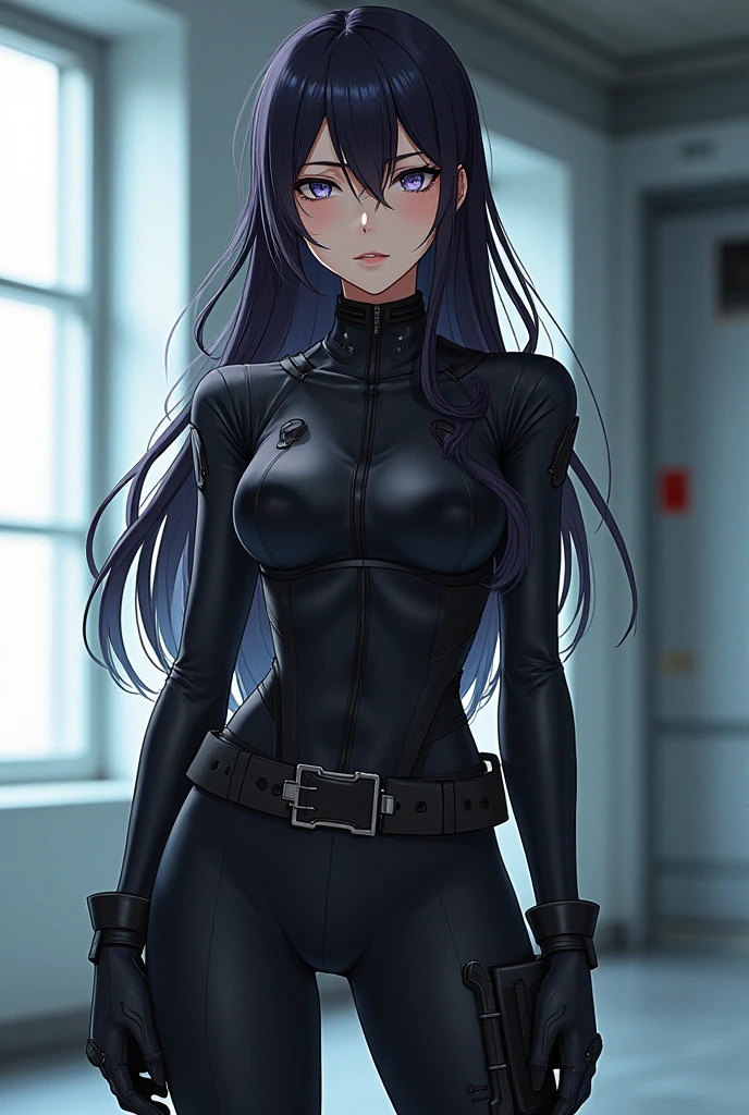 Sid Kagenou from Reincarnated as a Sword reimagined as a female character. She has long black hair, sharp eyes, and a serious yet mysterious expression. Her outfit is a sleek, modern version of her original costume, tailored for a female. The outfit includes a dark, form-fitting suit with tactical gear, emphasizing her combat readiness and agility.