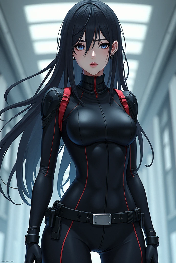 Sid Kagenou from Reincarnated as a Sword reimagined as a female character. She has long black hair, sharp eyes, and a serious yet mysterious expression. Her outfit is a sleek, modern version of her original costume, tailored for a female. The outfit includes a dark, form-fitting suit with tactical gear, emphasizing her combat readiness and agility.