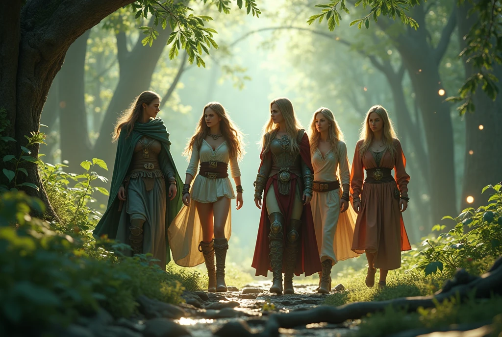 Super realistic illustration, Fantasy art, Cinema 4D rendering, warm color, Dungeon adventurers, a party of five beautiful and unique women, an elven wizard, a hobbit thief, a dwarven warrior, a human knight, and a human monk, They are walking through the spirit forest, chatting happily.