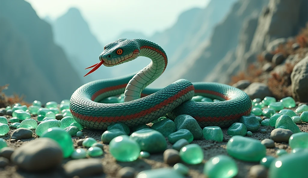 There are many white and shiny jade stones on the mountain.，The jade has a pit viper with red and white rings on its body and a spike on its nose.（best quality，4K，8k，High level，masterpiece：1.2），Ultra Detailed，（lifelike，Photo real，Photo real：1.37）