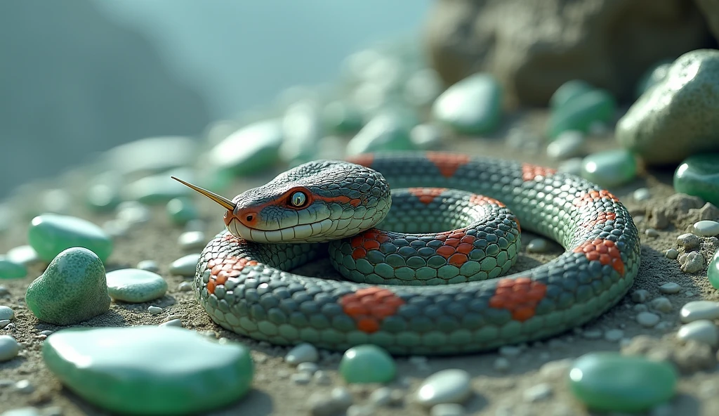There are many white and shiny jade stones on the mountain.,The jade has a pit viper with red and white rings on its body and a spike on its nose.(best quality,4K,8k,High level,masterpiece:1.2),Ultra Detailed,(lifelike,Photo real,Photo real:1.37)